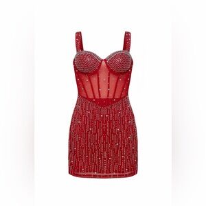 Women’s Mini Red Dress Sheer Rhinestone Sleeveless Bodycon Wide Strap Size S